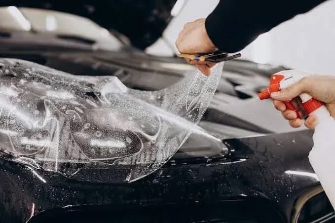 Clear protection film being applied over a car headlight